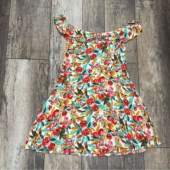 Forever 21 Watercolor Skater Floral Mini Dress Off Shoulder Green Red White L - Picture 11 of 13